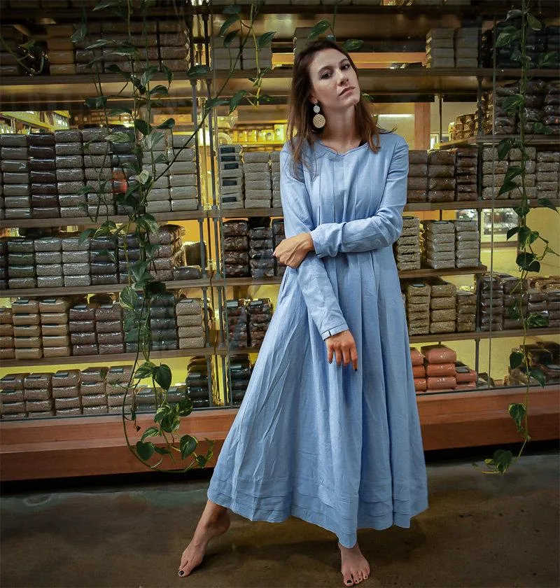 Blue linen dress, long linen womens dress, Plus size linen dress, pleated linen dress, dress with pockets C1382