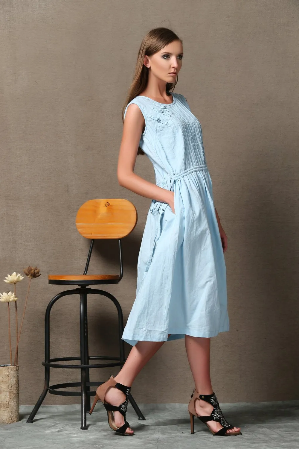 Blue Linen Dress - Powder Blue Sleeveless Pintuck Midi Length Summer Dress with Drawstring Waist C549