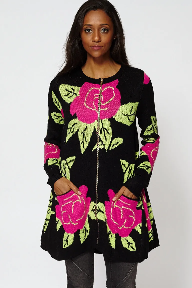 Bright Floral Print Asymmetrical Hem Knitted Cardigan Dress