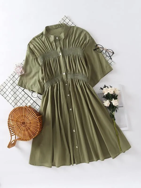 Button Front Shirred Ruched Shirt Dress
