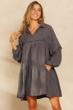 Charcoal Long Slv Babydoll Tiered  Dress