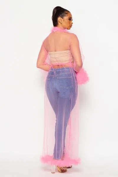 Claire Tulle Mesh Long Sleeve Duster - Pink -