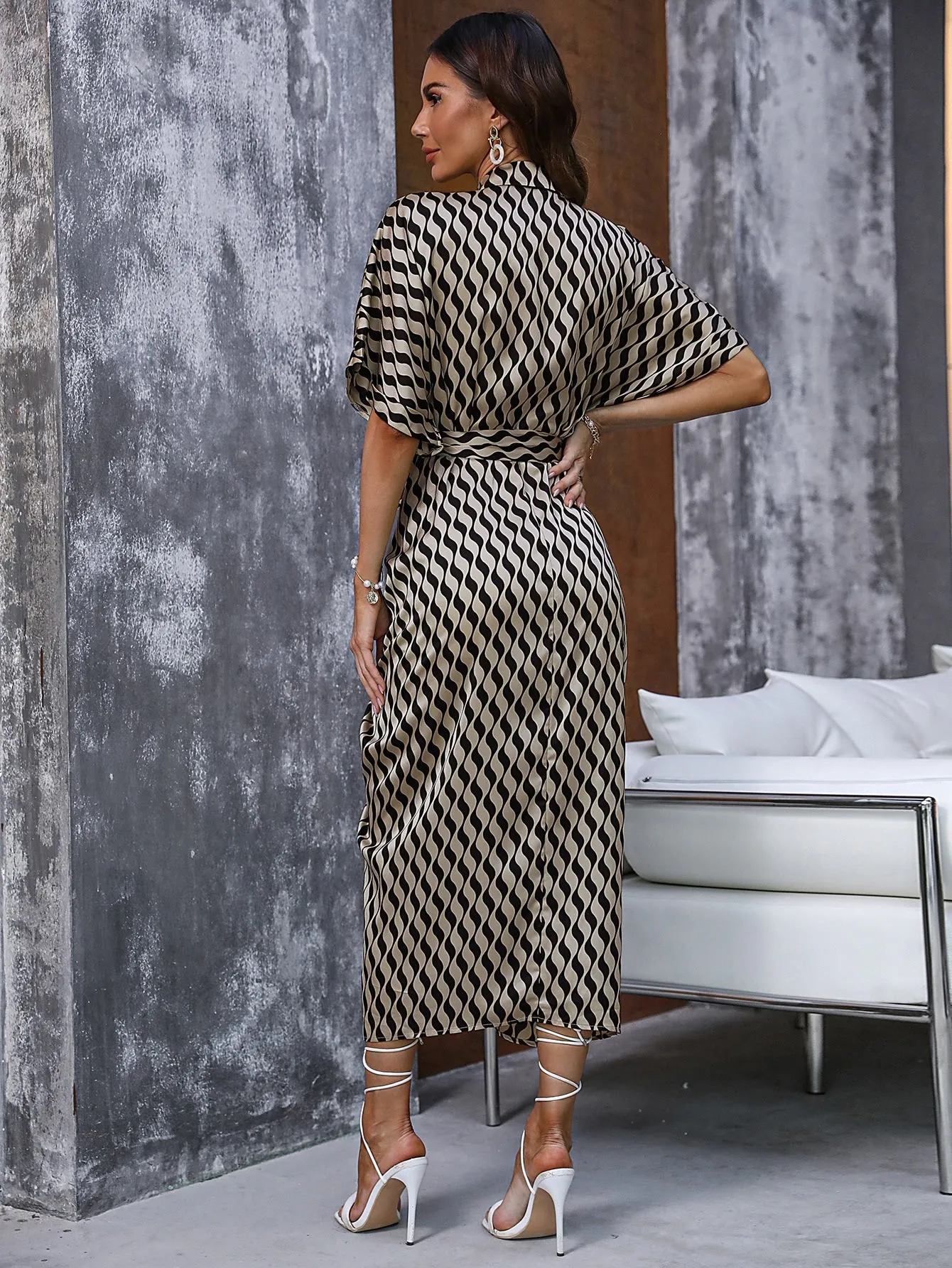 Clasi Allover Print Batwing Sleeve Belted Shirt Dress