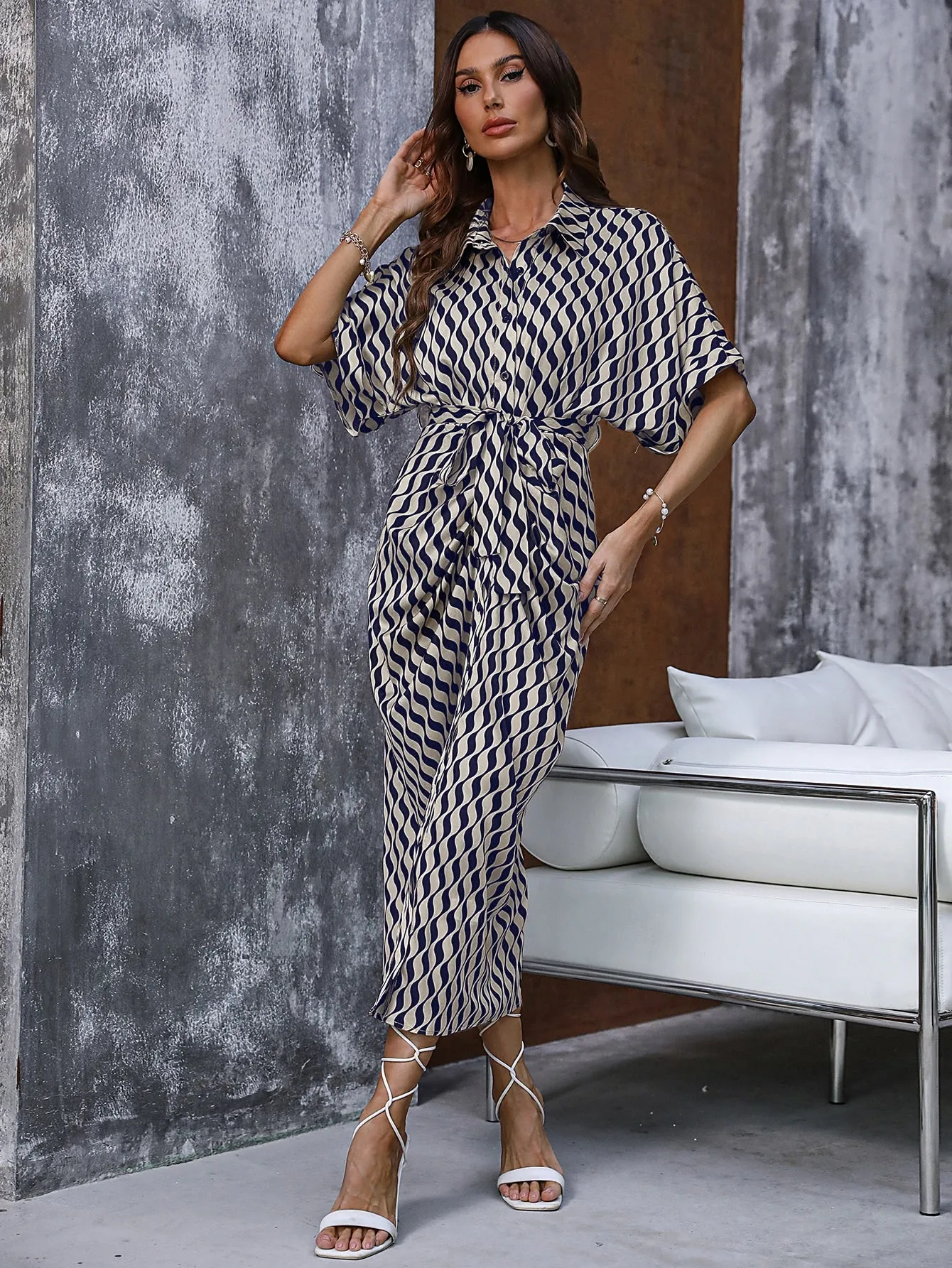 Clasi Allover Print Batwing Sleeve Belted Shirt Dress