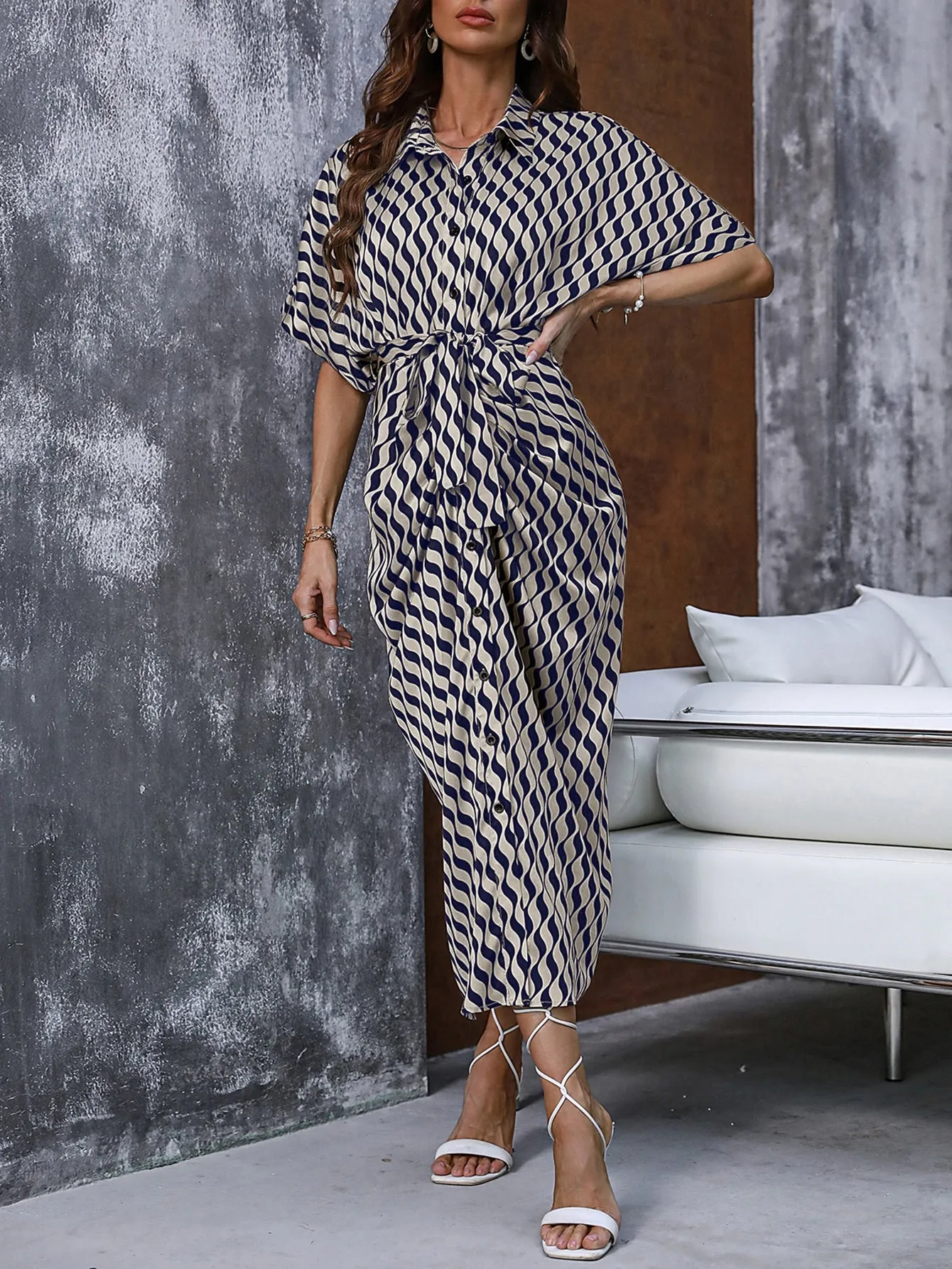 Clasi Allover Print Batwing Sleeve Belted Shirt Dress