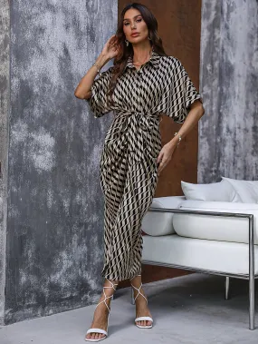 Clasi Allover Print Batwing Sleeve Belted Shirt Dress
