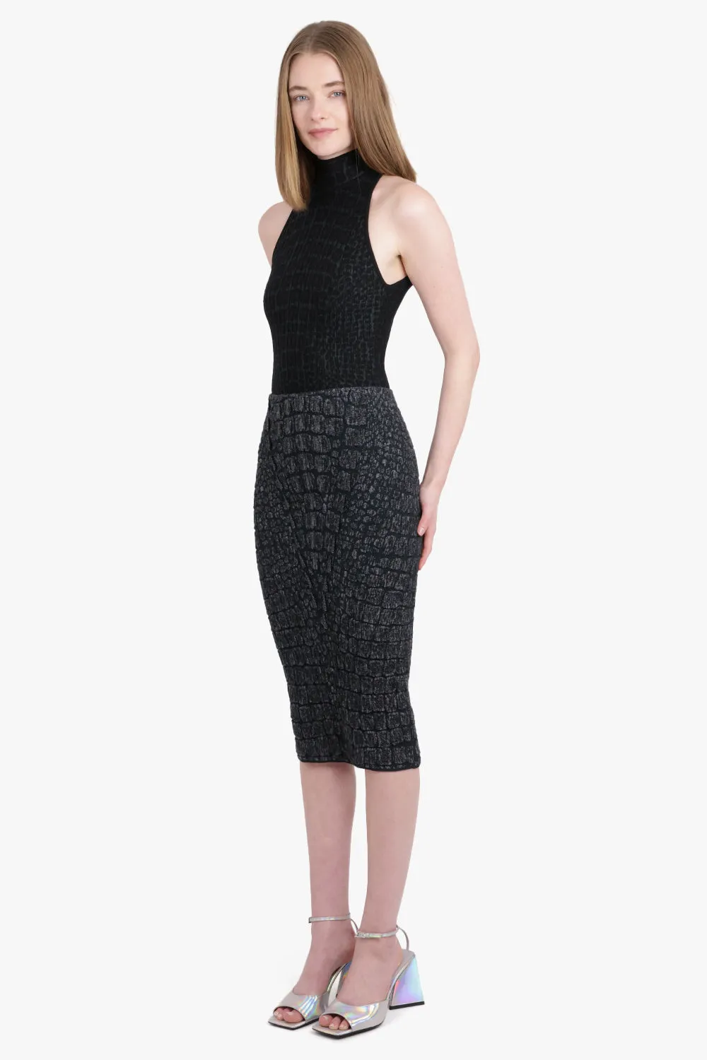 Croco Jacquard Pencil Skirt | Black