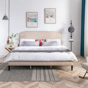 DongHeng King Size Bed with Headboard,Modern Linen Curved Upholstered Platform Bed,Solid Wood Frame,Nailhead Trim,Beige