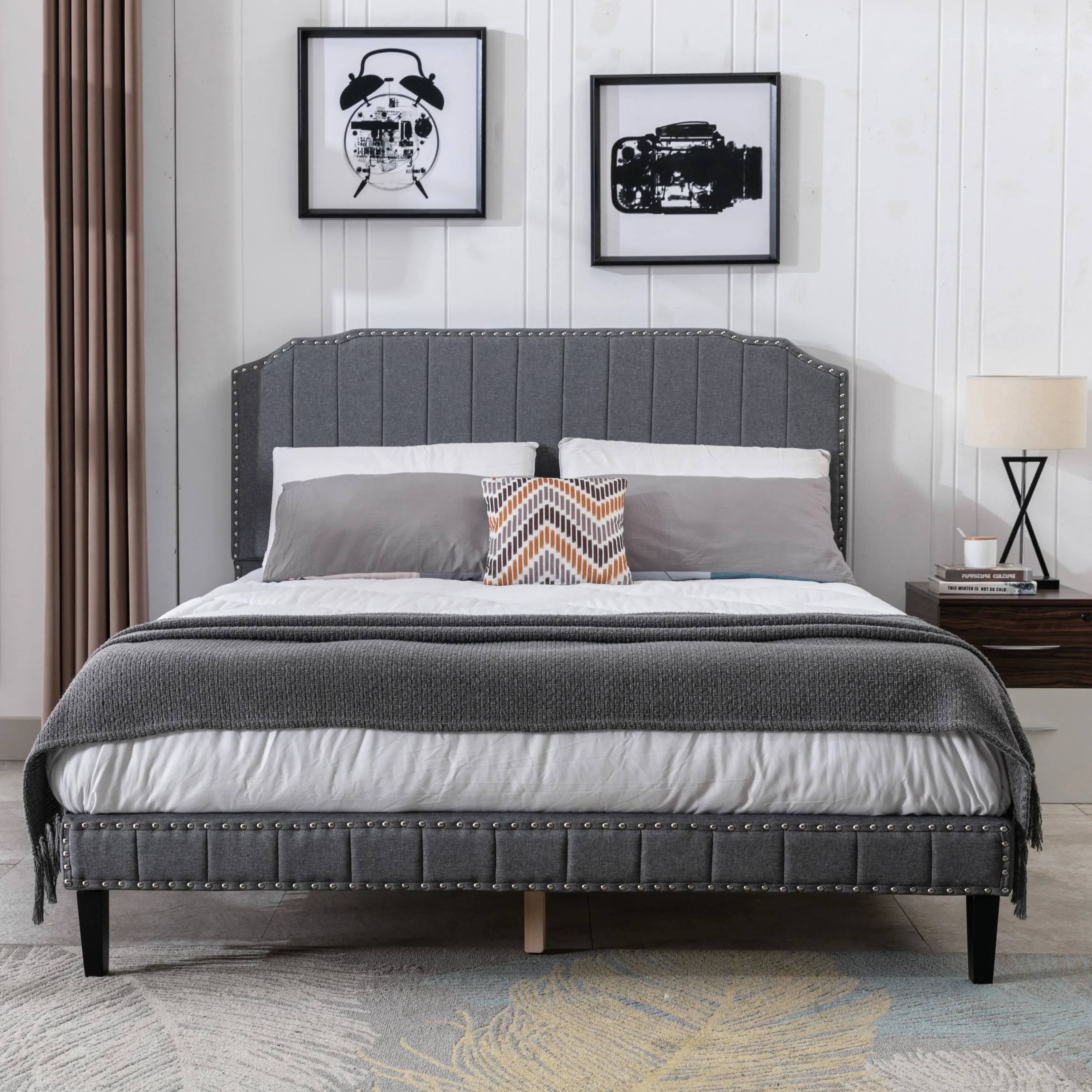 DongHeng Queen Size Bed with Headboard, Modern Linen Curved Upholstered Platform Bed , Solid Wood Frame , Nailhead Trim, Gray
