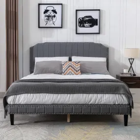 DongHeng Queen Size Bed with Headboard, Modern Linen Curved Upholstered Platform Bed , Solid Wood Frame , Nailhead Trim, Gray