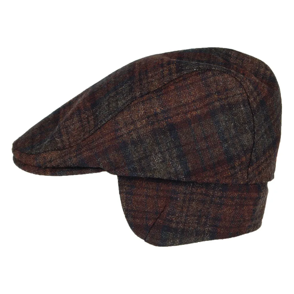 Failsworth Hats Westerdale Checked Flat Cap with Earflaps - Brown-Multi