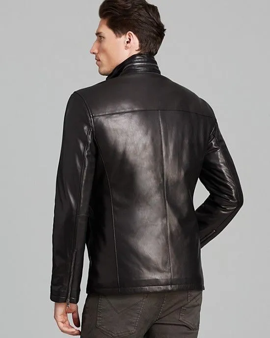 Fink Mens Motorcycle Black Leather Jacket Men