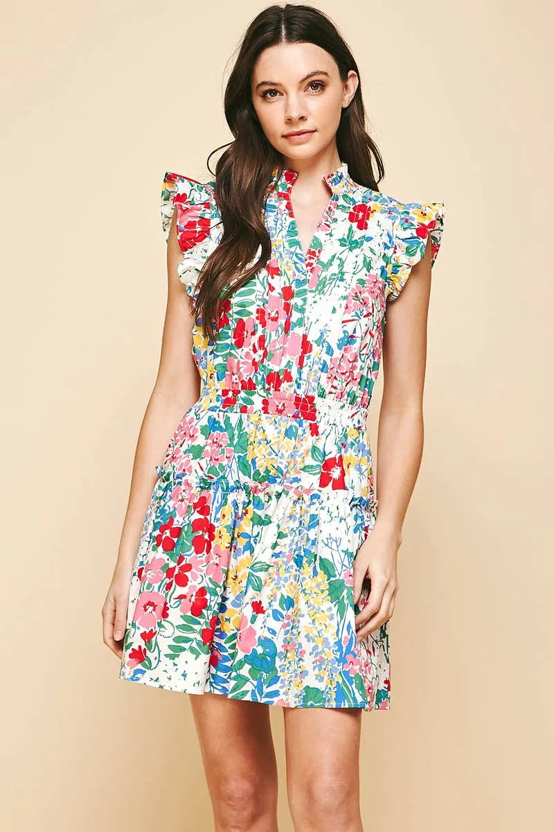 FLORAL POPLIN MINI DRESS - WHITE FLORAL