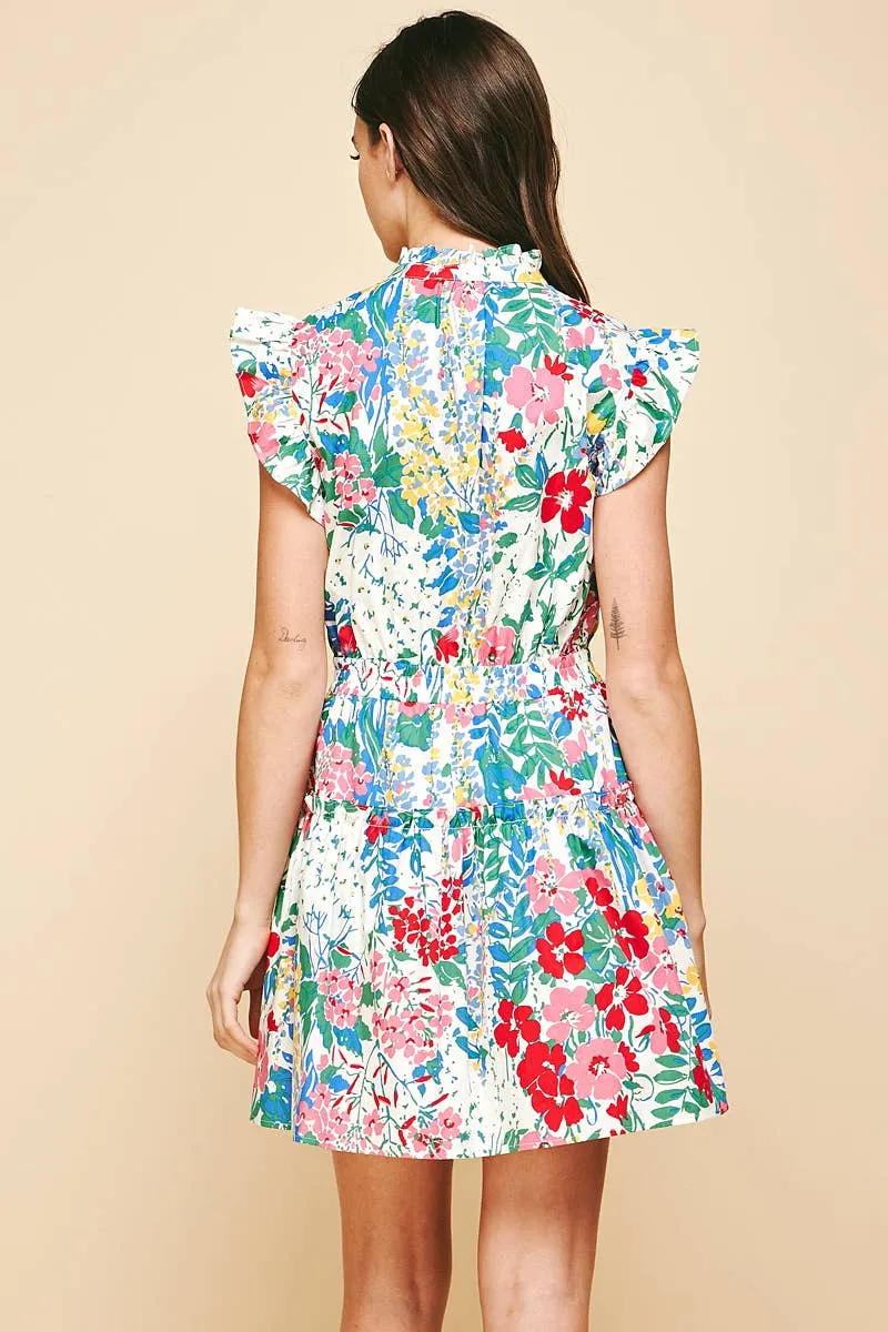 FLORAL POPLIN MINI DRESS - WHITE FLORAL