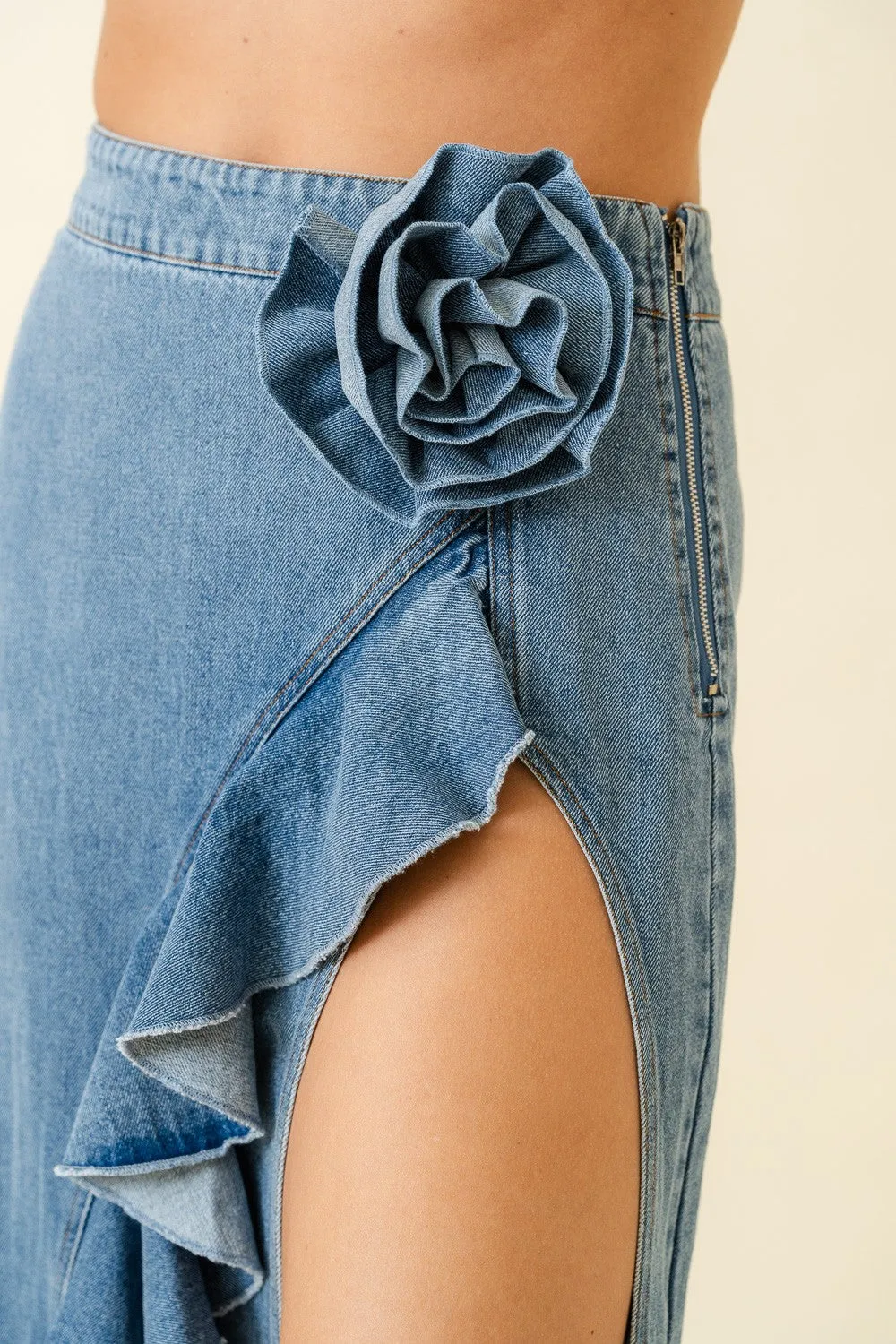 Flower Ruffle Denim Maxi Skirt