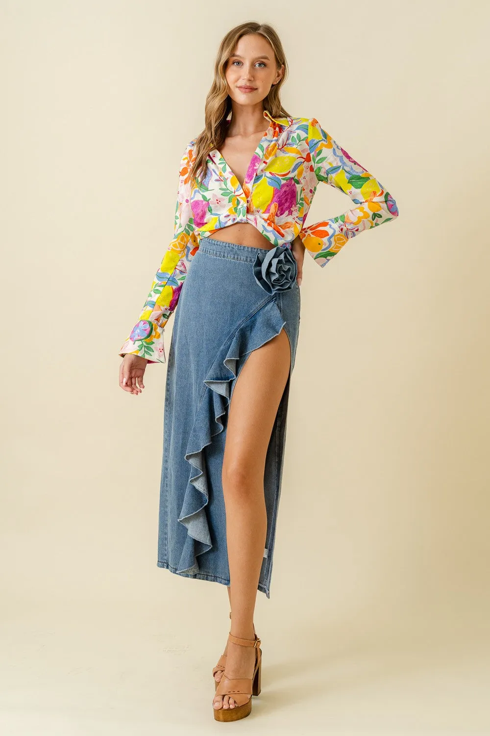 Flower Ruffle Denim Maxi Skirt