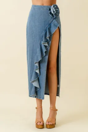 Flower Ruffle Denim Maxi Skirt