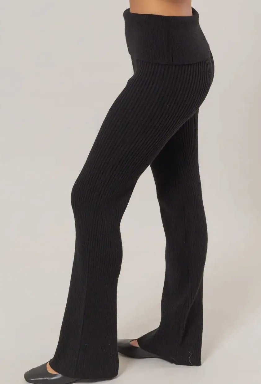 Fold Over Waist Ribbed Flared Knit Pants