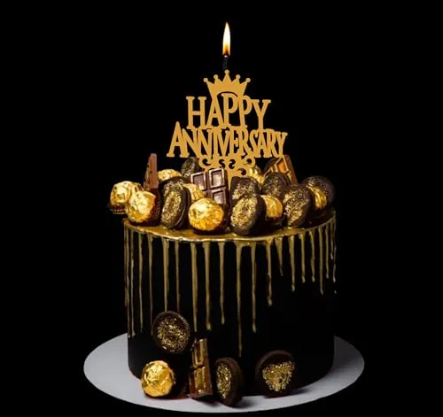 Food Safe Premium Candle Cake Topper for Birthday, Anniversary, and Custom Party Celebrations in Phrases – Gold (Happy Anniversary)