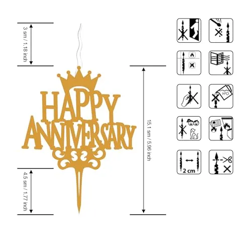 Food Safe Premium Candle Cake Topper for Birthday, Anniversary, and Custom Party Celebrations in Phrases – Gold (Happy Anniversary)