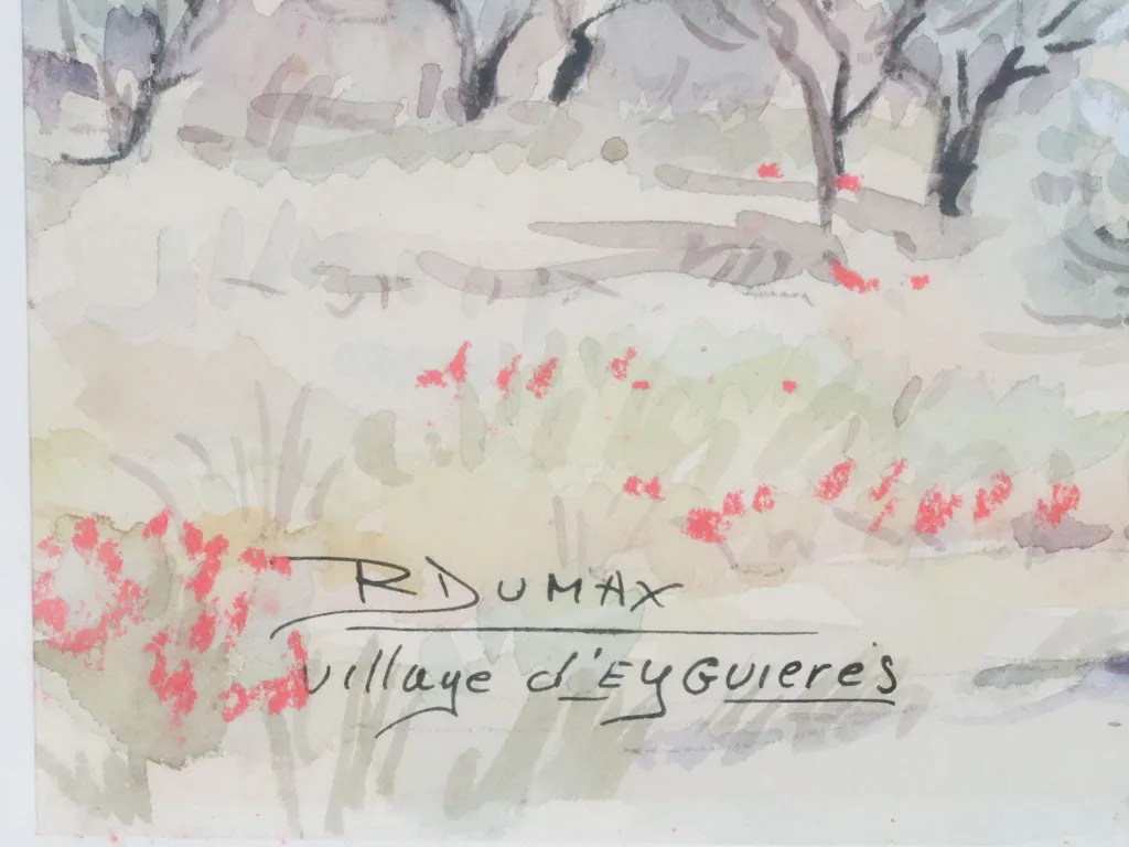 Framed Watercolor of the Village of Eyguières by R. Dumax 14¼" x 17¾"