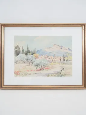 Framed Watercolor of the Village of Eyguières by R. Dumax 14¼" x 17¾"