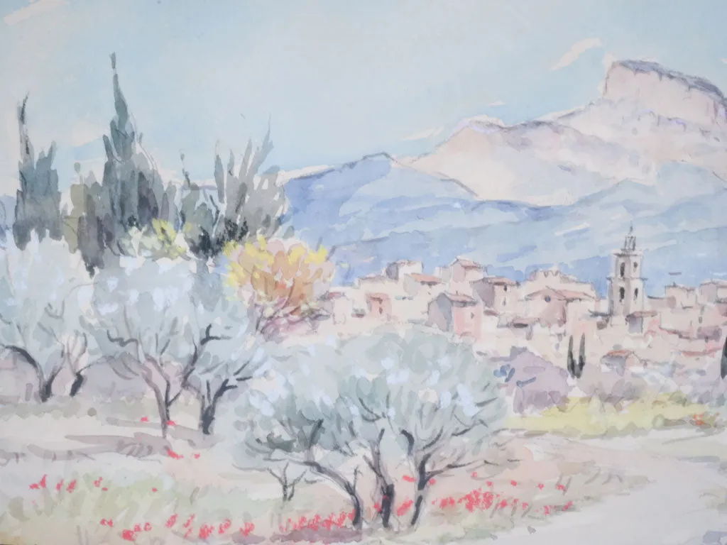 Framed Watercolor of the Village of Eyguières by R. Dumax 14¼" x 17¾"