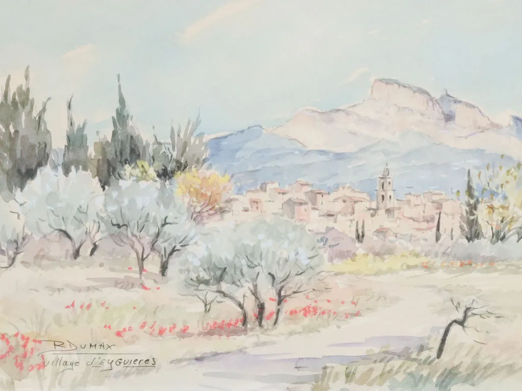 Framed Watercolor of the Village of Eyguières by R. Dumax 14¼" x 17¾"