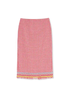 Fringed Vichy Tweed Midi Skirt (Red)