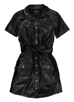 Girls Faux Leather Tie Waist Belt Shirt Dress