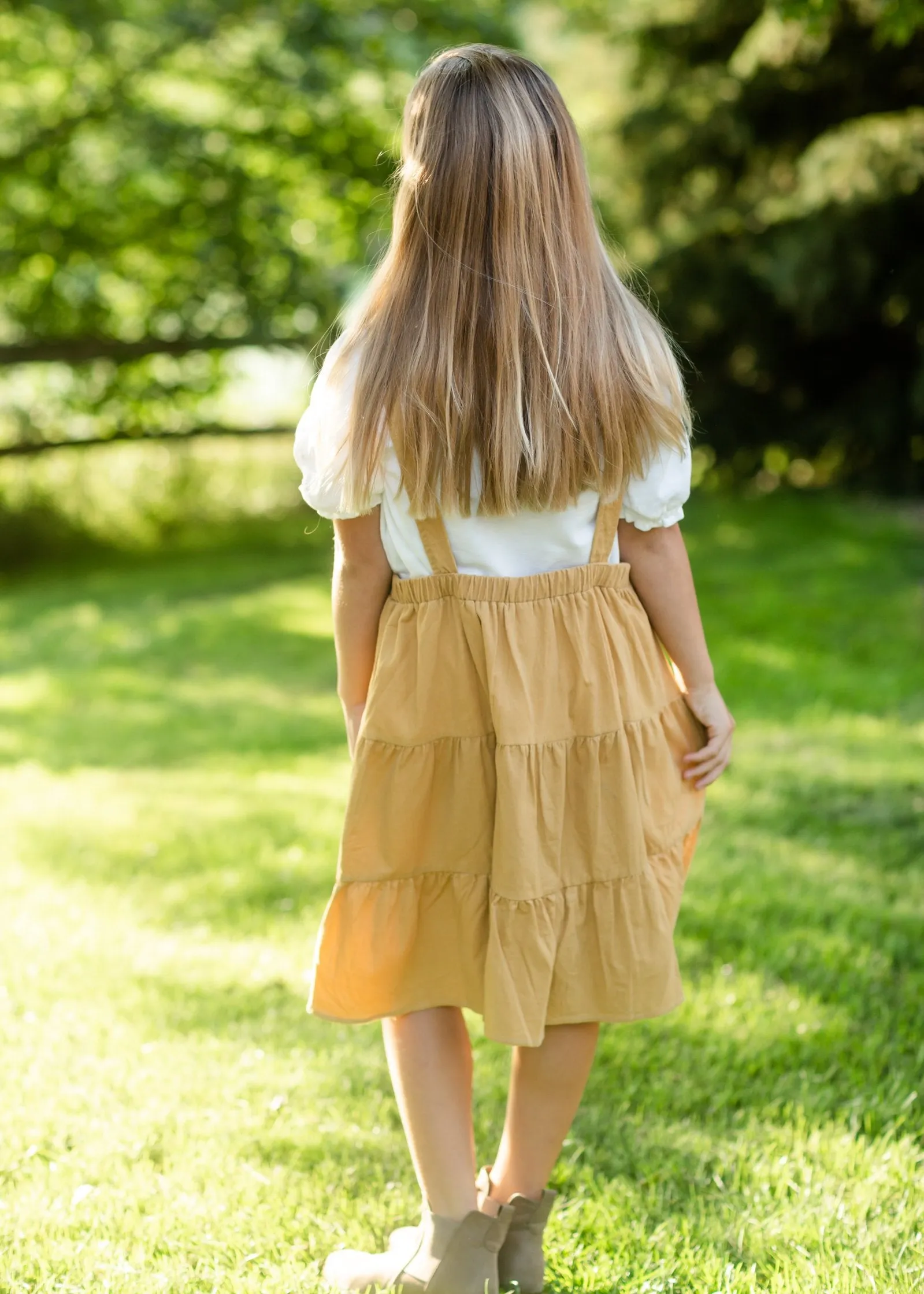 Girls Mustard Corduroy Tiered Overall Dress
