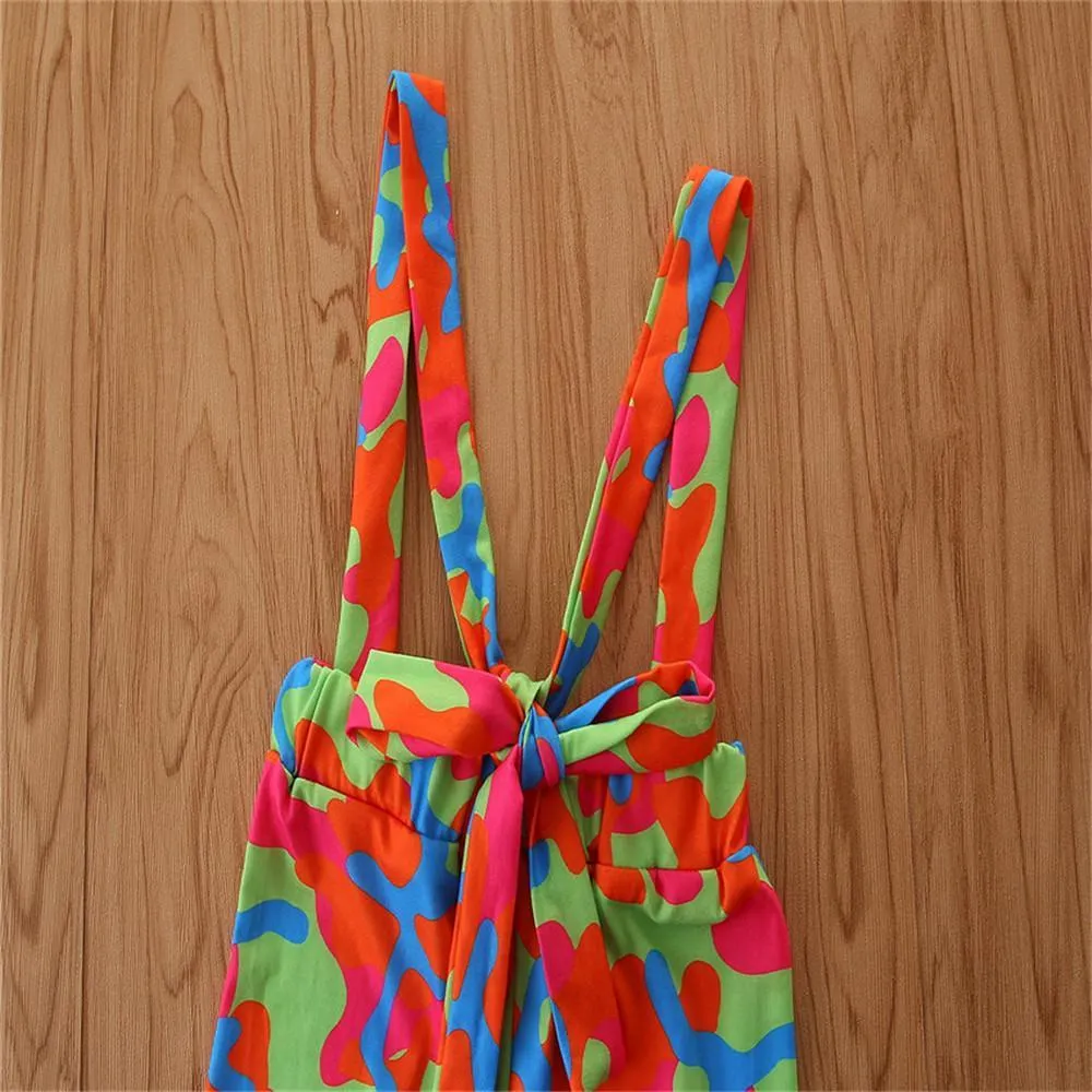 Girls Solid Long Sleeve Jumper & Printed Suspenders Flared Pants Wholesale