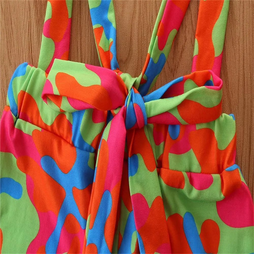 Girls Solid Long Sleeve Jumper & Printed Suspenders Flared Pants Wholesale