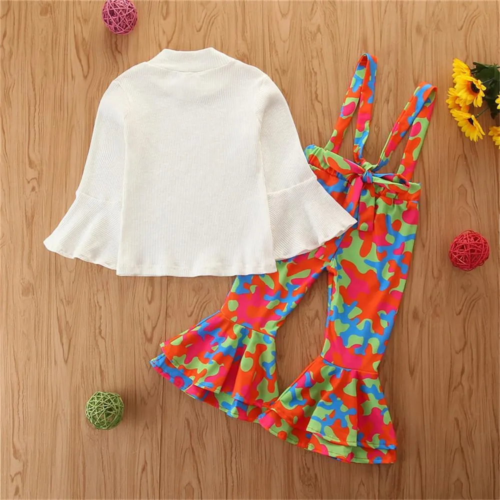 Girls Solid Long Sleeve Jumper & Printed Suspenders Flared Pants Wholesale