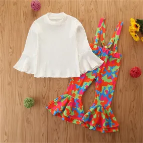 Girls Solid Long Sleeve Jumper & Printed Suspenders Flared Pants Wholesale