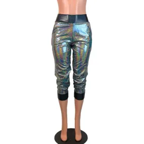 Gleaming Silver W/ Black Holograph Joggers w/ Pockets Women's