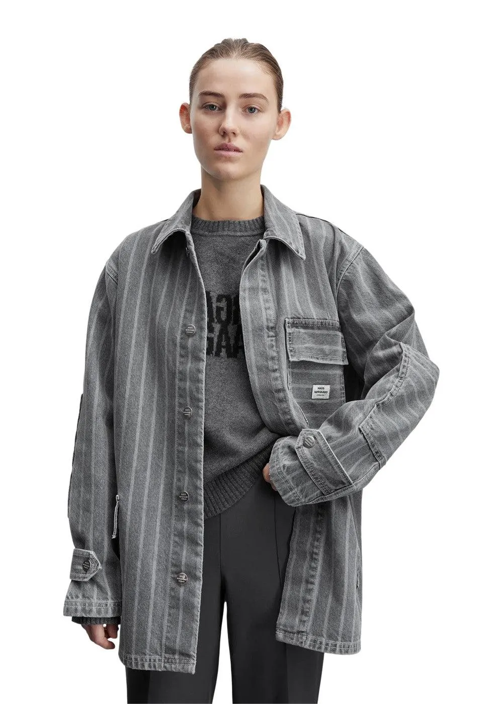 Grey Stripe Denim Johnny Jacket - Grey