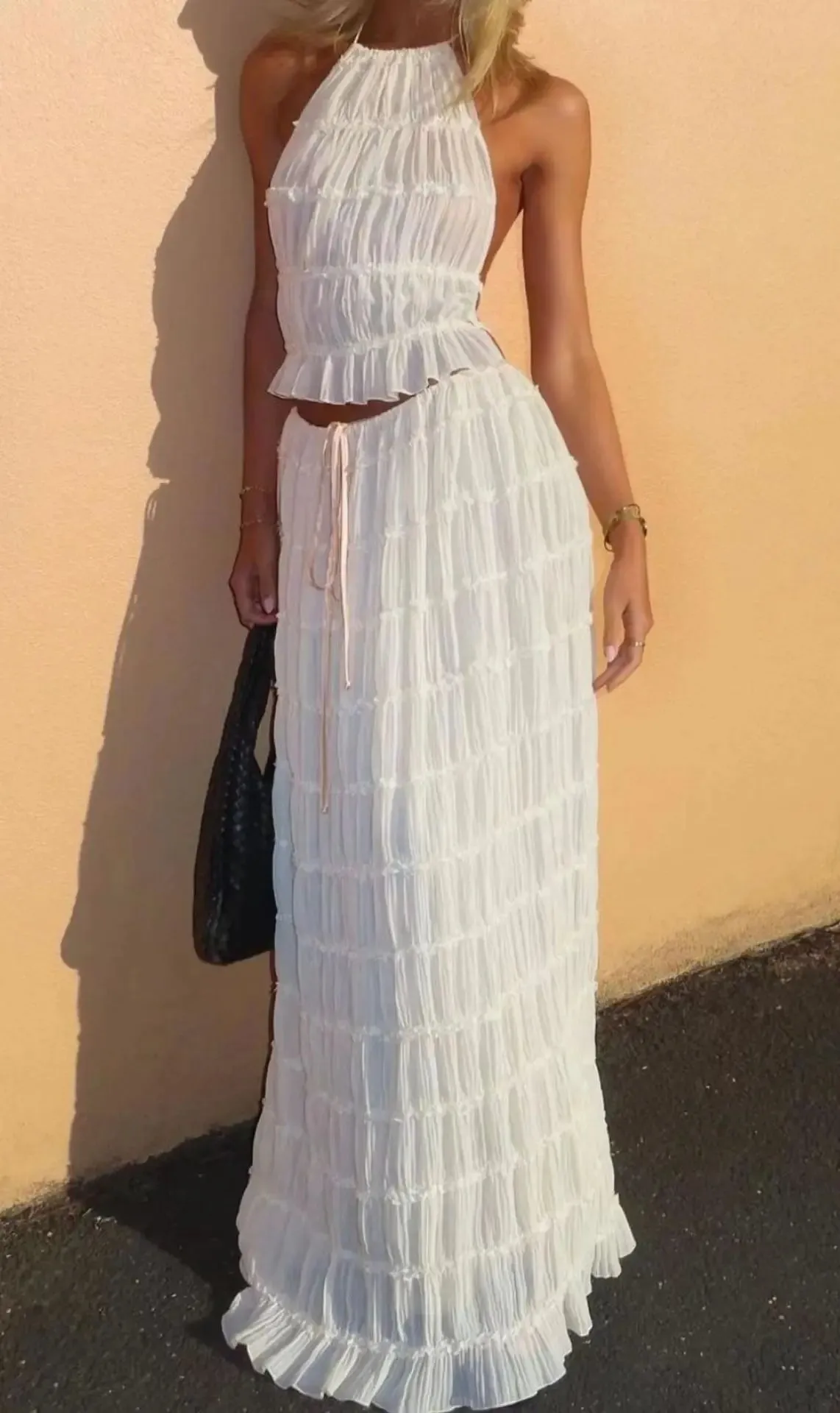 Halterneck Ruched Open Back Tie Trendy Up Top And Maxi Skirt Set