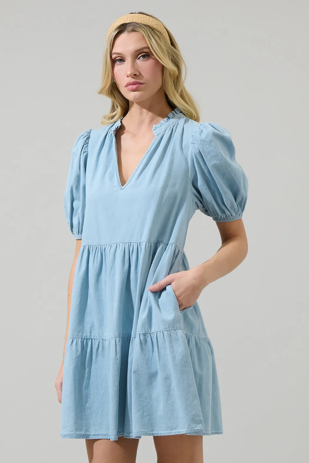 Haysville Jacey Babydoll Chambray Mini Dress