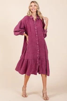 Hazel Blues® |  Mittoshop Mineral Wash Cotton Gauze Ruffle Midi Shirt Dress
