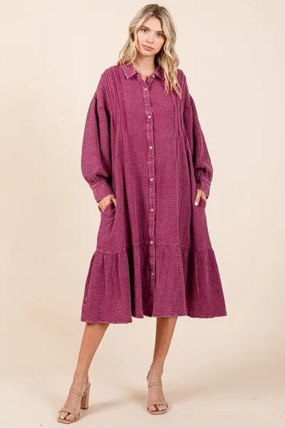 Hazel Blues® |  Mittoshop Mineral Wash Cotton Gauze Ruffle Midi Shirt Dress