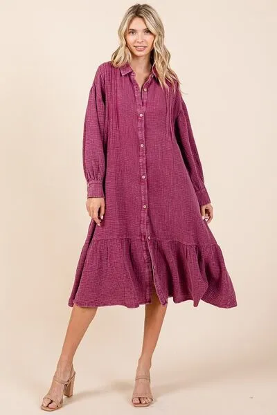 Hazel Blues® |  Mittoshop Mineral Wash Cotton Gauze Ruffle Midi Shirt Dress