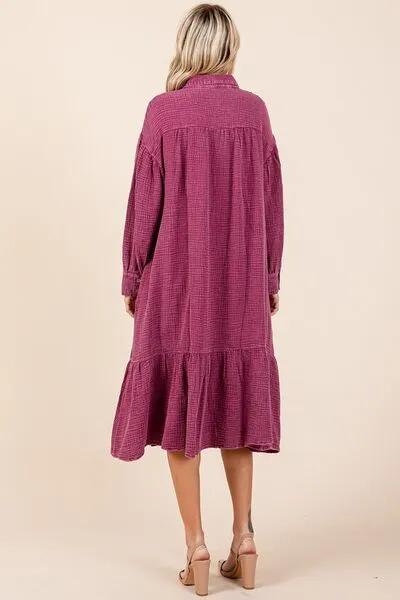 Hazel Blues® |  Mittoshop Mineral Wash Cotton Gauze Ruffle Midi Shirt Dress