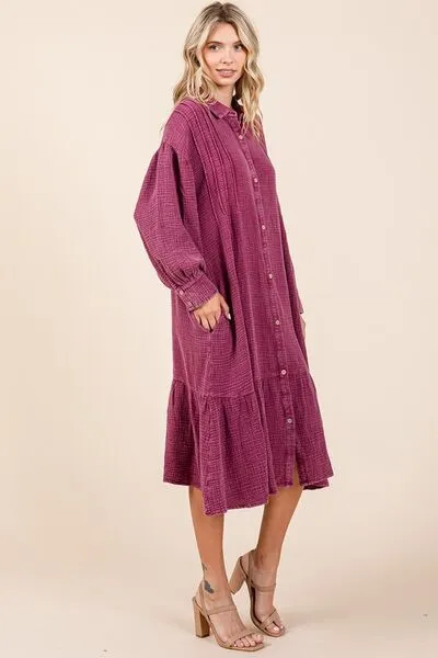 Hazel Blues® |  Mittoshop Mineral Wash Cotton Gauze Ruffle Midi Shirt Dress