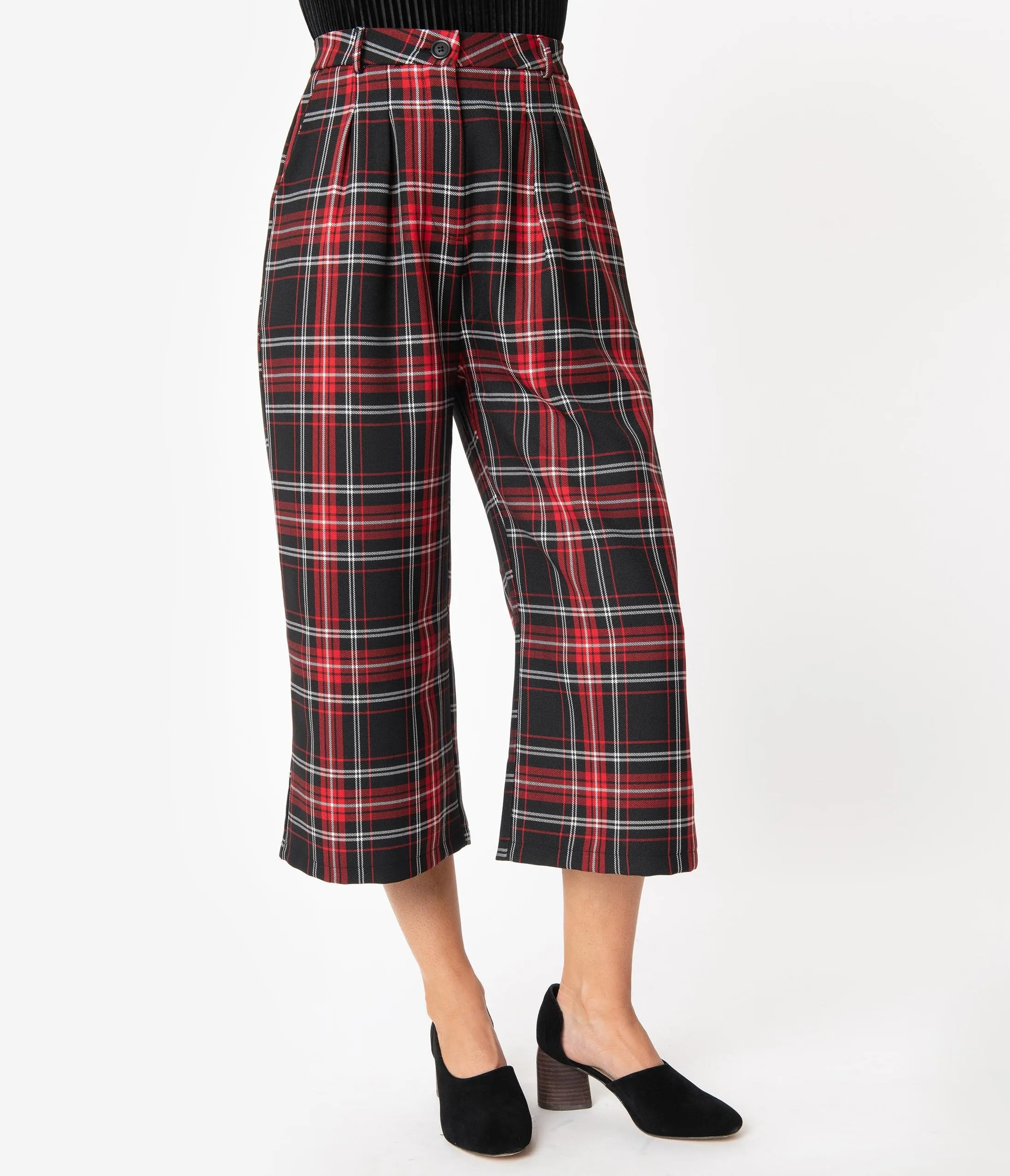 Hell Bunny 1950s Style Red & Black Plaid Riot Culottes