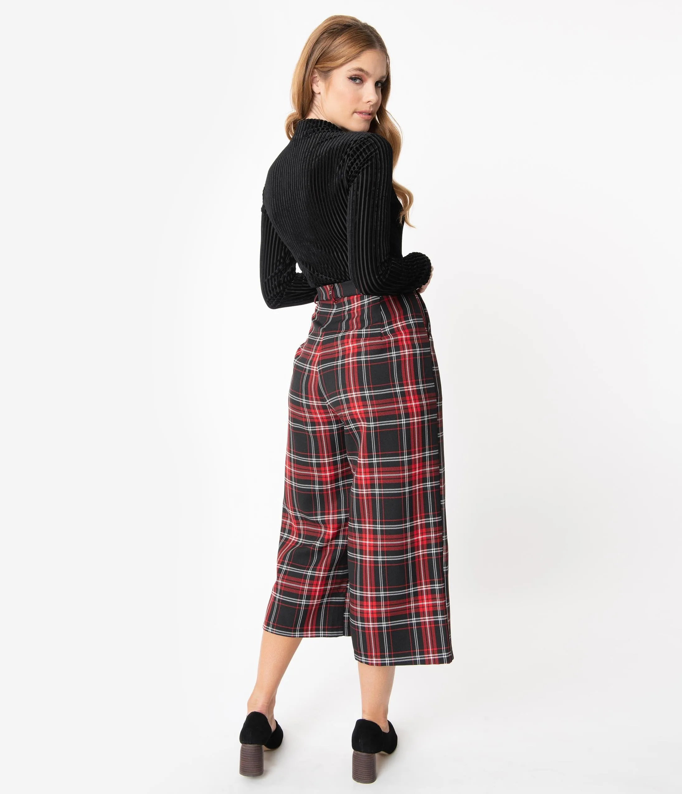 Hell Bunny 1950s Style Red & Black Plaid Riot Culottes