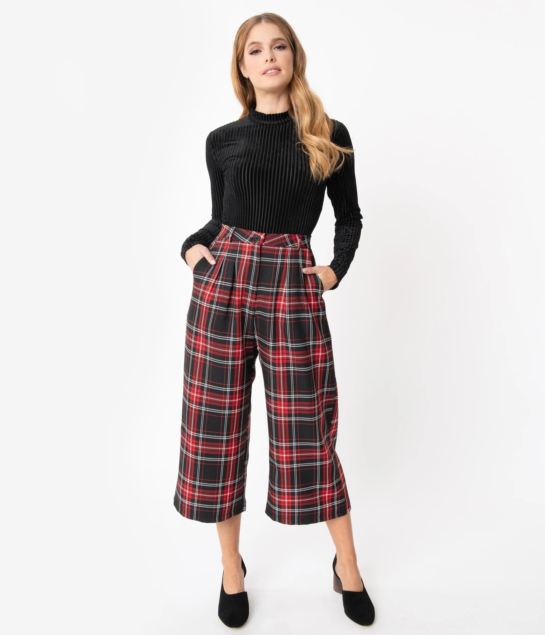 Hell Bunny 1950s Style Red & Black Plaid Riot Culottes