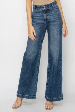 High Rise Double Button Dark  Wide Jeans