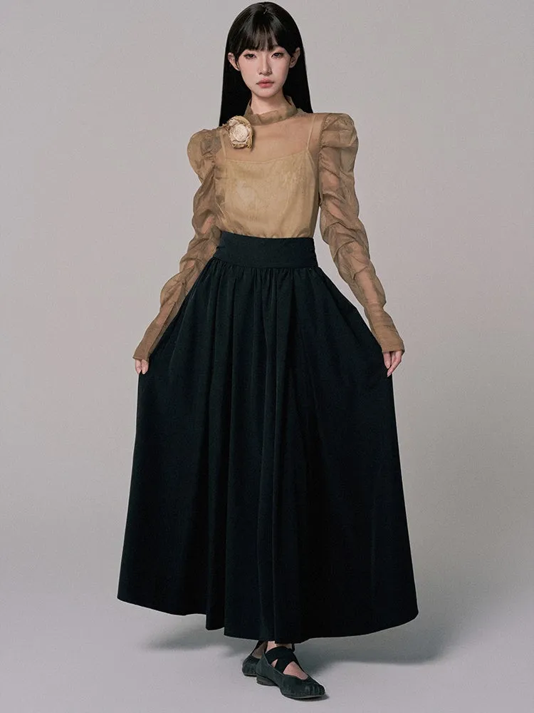 High-Waist Plain Flare Simple Long-Skirt