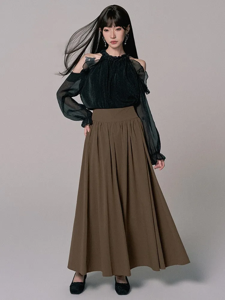 High-Waist Plain Flare Simple Long-Skirt
